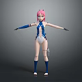 Game And Movie Character With Pink Hair Blue And White Outfit And Blue Arm Guards