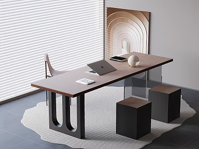 Table And Chair Set With Brown Tabletop Black Legs Light Pink Chair And Black Stools 3d model