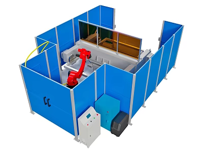 Industrial Automation Equipment Featuring Blue Protective Enclosure Red Robotic Arm And Control Panel 3d model