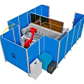 Industrial Automation Equipment Featuring Blue Protective Enclosure Red Robotic Arm And Control Panel