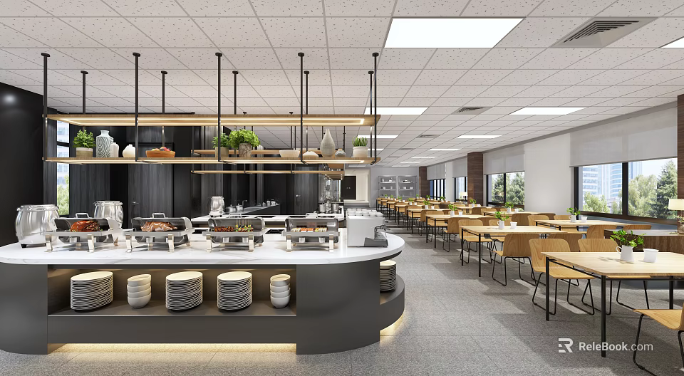 Modern Restaurant Interior With Open Buffet Counter Food Displays Hanging Lights And Arranged Tables Chairs 3d model 