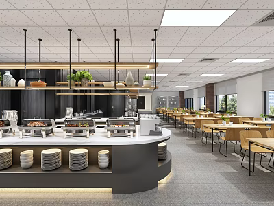Modern Restaurant Interior With Open Buffet Counter Food Displays Hanging Lights And Arranged Tables Chairs 3d model