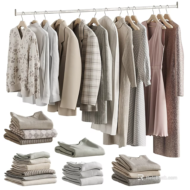Soft Toned Clothes Hanging And Stacked With Knitwear Coats Dresses And Tops 3d model 