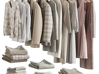 Soft Toned Clothes Hanging And Stacked With Knitwear Coats Dresses And Tops 3d model