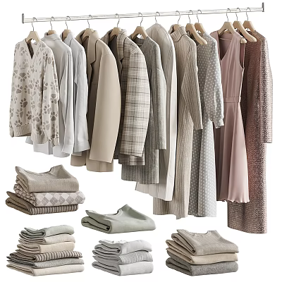 Soft Toned Clothes Hanging And Stacked With Knitwear Coats Dresses And Tops 3d model
