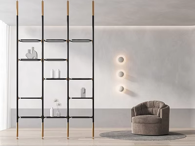 Modern Black And Gold Metal Shelving Unit With Decorative Vases Near Accent Chair 3d model