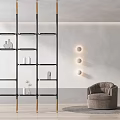 Modern Black And Gold Metal Shelving Unit With Decorative Vases Near Accent Chair