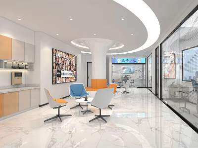 Modern Break Room Interior Design With Curved Ceiling Marble Floor Cabinets And Colorful Seating 3d model