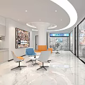 Modern Break Room Interior Design With Curved Ceiling Marble Floor Cabinets And Colorful Seating