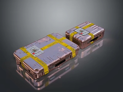 Daily Necessities Metal Storage Cases Strapped With Yellow Tape And Labels 3d model