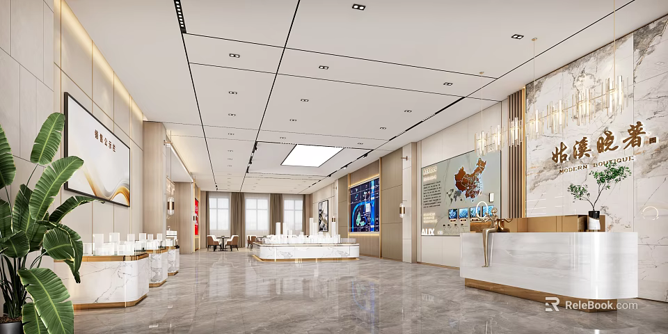 Elegant Modern Hotel Lobby Featuring Spacious Bright Interior Reception Desk Marble Floor And Chandeliers 3d model 