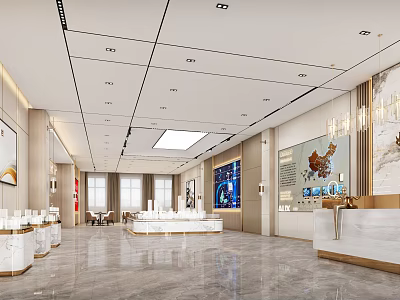 Elegant Modern Hotel Lobby Featuring Spacious Bright Interior Reception Desk Marble Floor And Chandeliers 3d model