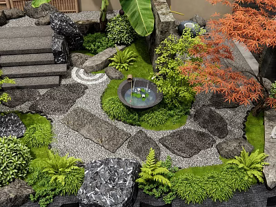 Natural Courtyard Garden Design With Stone Steps Circular Water Basin Red Maple Tree And Ferns 3d model