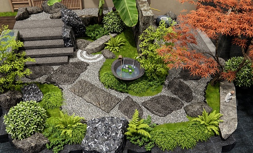 Japanese-style Dry Landscape Courtyard Landscape Country Courtyard Homestay Courtyard Landscape Stone Ting Stone Slab Steps Plant Pile Plant Landscape Flowers and Plants Red Maple 3d model