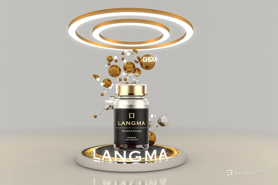 LANGMA Supplement Bottle With Golden Spheres Circular Light Rings And Floating Particles On Base 3d model 
