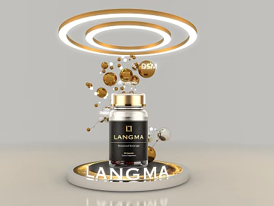 LANGMA Supplement Bottle With Golden Spheres Circular Light Rings And Floating Particles On Base 3d model
