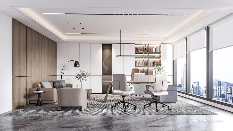 Modern Office Interior Design With Desk Ergonomic Chairs Bookshelf And Floor To Ceiling Windows 3d model 