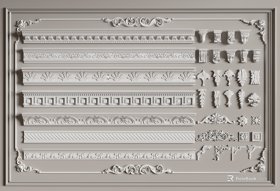 Decorative Gypsum Cornice Molding With Various Ornate Patterns For Interior Decoration 3d model 