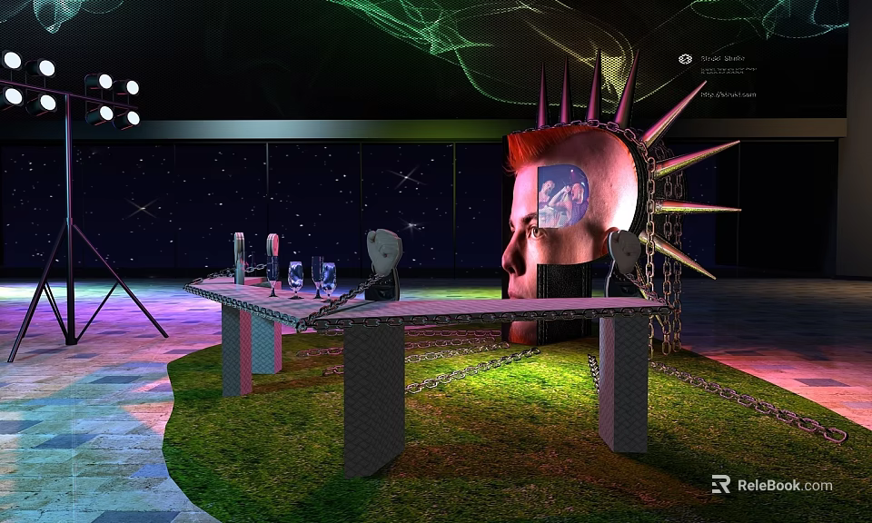 Modern Artistic Bar Counter With Starry Backdrop Metal Chains And Decorative Glasses 3d model 