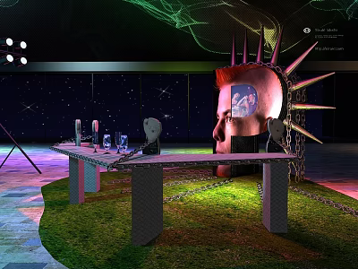 Modern Artistic Bar Counter With Starry Backdrop Metal Chains And Decorative Glasses 3d model