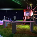 Modern Artistic Bar Counter With Starry Backdrop Metal Chains And Decorative Glasses
