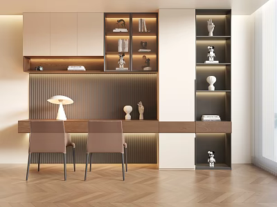 Modern Bookcase Interior Design With Lighting Desk Chairs And Decorative Ornaments 3d model