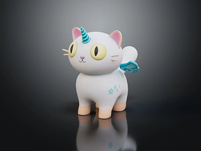 Cute White Unicorn Cat Game Movie Character 3D Model With Blue Pink Horn And Wings 3d model