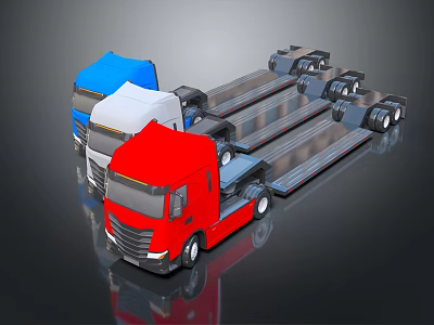 Three Red White Blue Flatbed Trucks With Long Trailers For Transport 3d model