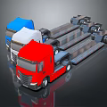 Three Red White Blue Flatbed Trucks With Long Trailers For Transport