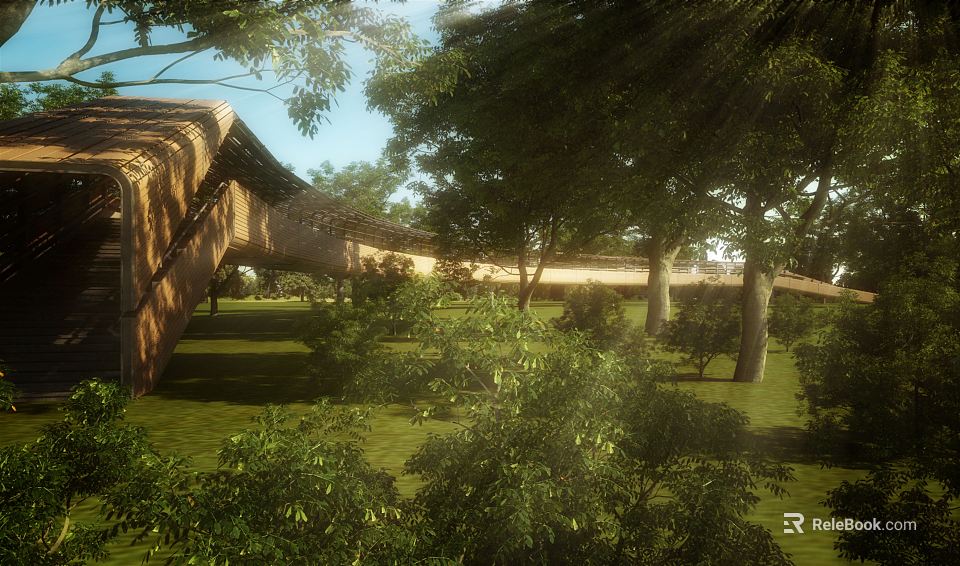 Long Wooden Bridge in Natural Landscape with Green Trees Sunlight and Grass 3d model 