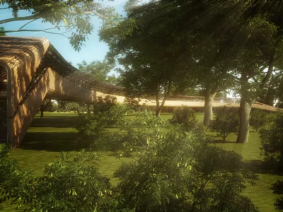 Long Wooden Bridge in Natural Landscape with Green Trees Sunlight and Grass 3d model