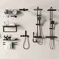 Modern Shower Systems In Bathroom With Wall Mounted Shelves Mirror Towels And Toiletries