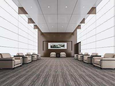 Hotel Public Lounge Area Modern Interior With White Walls Brown Accent Wall And Beige Sofas 3d model