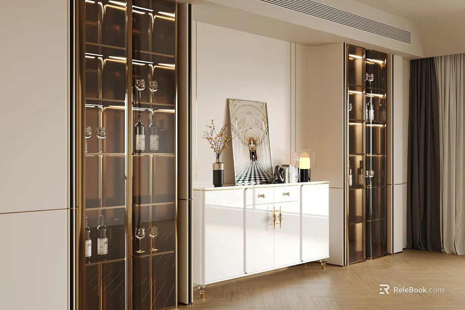 Modern Console Cabinet Sideboard With Glass Doors Gold Accents And Mirror Decor 3d model 