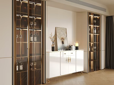 Modern Console Cabinet Sideboard With Glass Doors Gold Accents And Mirror Decor 3d model