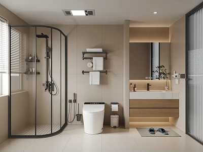 Modern Bathroom Interior with Glass Shower Enclosure Toilet Vanity Mirror Shelves and Window Blinds 3d model