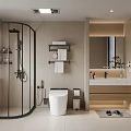 Modern Bathroom Interior with Glass Shower Enclosure Toilet Vanity Mirror Shelves and Window Blinds