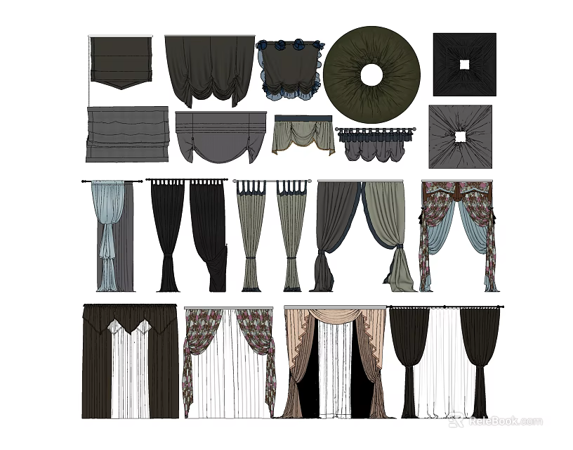 Various Curtain Styles With Different Colors Patterns And Decorative Details For Windows 3d model