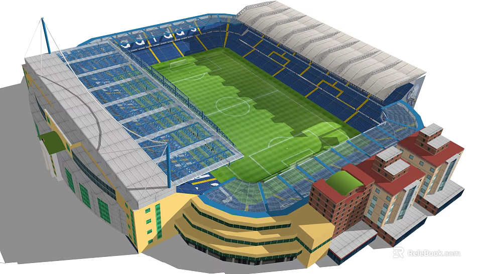3D Rendering of Modern Football Stadium with Green Turf Blue Seating Stands and Roof Structure 3d model 