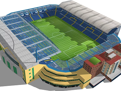 3D Rendering of Modern Football Stadium with Green Turf Blue Seating Stands and Roof Structure 3d model