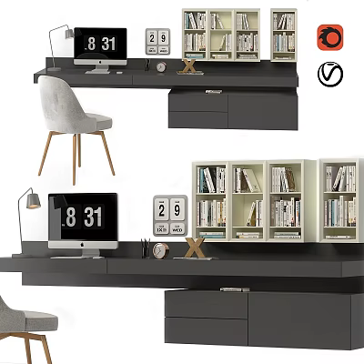 Modern Home Office Workspace With Desk Computer Bookshelf Chair And Clock 3d model