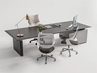 Modern Office Desk Setup With Two Ergonomic Chairs Lamp Notebook Plant And Monitor 3d model