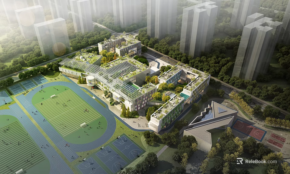 Modern School Building Complex With Sports Field Green Courtyard And Glass Facade 3d model 