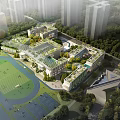 Modern School Building Complex With Sports Field Green Courtyard And Glass Facade