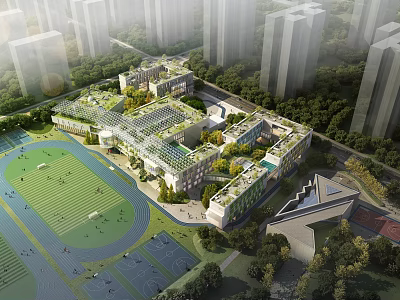 Modern School Building Complex With Sports Field Green Courtyard And Glass Facade 3d model