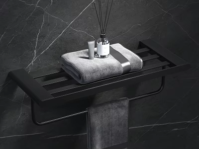 Stylish Bathroom Accessories With Black Towel Rack Gray Towel And Fragrance Bottles On Marble Wall 3d model