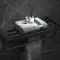 Stylish Bathroom Accessories With Black Towel Rack Gray Towel And Fragrance Bottles On Marble Wall