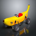 Children Playing With Banana Shaped Toy Car Featuring Red Seat And Black Steering Wheel