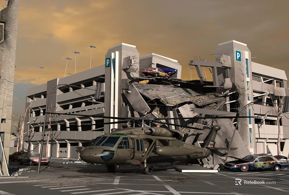 Military Helicopter Parked Near Collapsed Parking Garage With Damaged Structure And Dusk Sky 3d model 