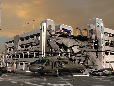 Military Helicopter Parked Near Collapsed Parking Garage With Damaged Structure And Dusk Sky 3d model